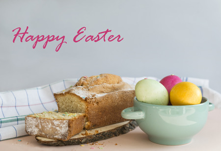 boiled painted eggs,  Easter eggs, multicolored, pink, yellow, green eggs in a plate ,   cupcake,...