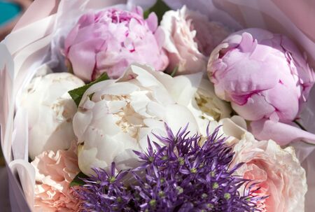 fresh flowers, bouquet of pink and white peonies,の写真素材