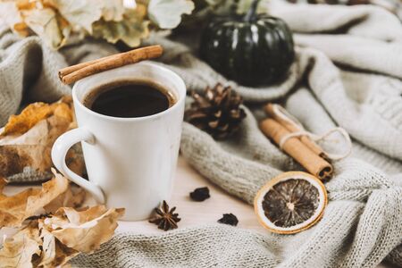 1 mug of hot black coffee with cinnamon on the background of a gray sweater, yellow dry fallen leaves, autumnの写真素材