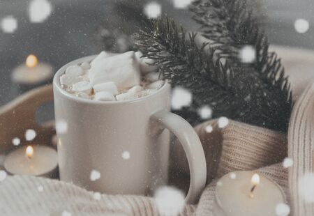 1 Cup hot chocolate cocoa with marshmallows, spruce branch, candles with lights, snowflakes, side viewの写真素材