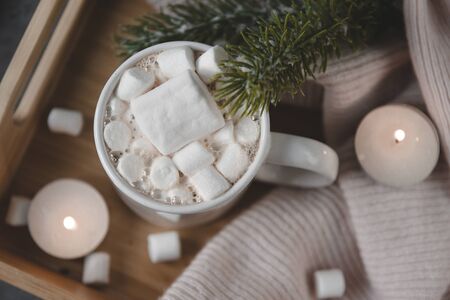 1 Cup hot chocolate cocoa with marshmallows, fir branch, candles with lightsの写真素材