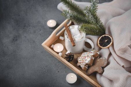 1 white Cup of cocoa, hot chocolate with cinnamon and marshmallows, cookies, gingerbread man, spruce...