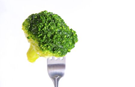 1 fresh green broccoli on a fork on a white background, vegetablesの写真素材