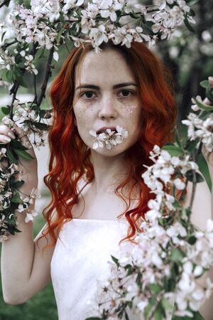 portrait 1 a white young romantic woman with red hair and freckles and a pink dress among Apple blossomsの写真素材