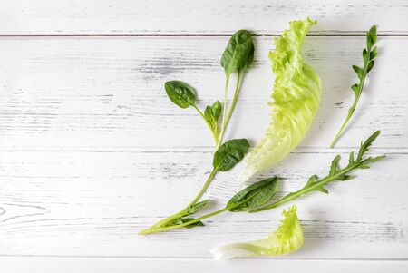 herbs, arugula leaves, green lettuce,   spinach on a white wooden background,の写真素材