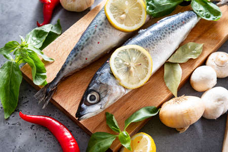 2 raw mackerel fish with spices and lemon slices, chili peppers, mushrooms on the kitchen Board, Basil, garlic, onion, on a gray backgroundの写真素材