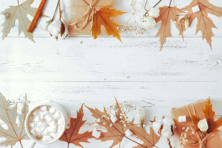 1 Cup of hot chocolate with marshmallows, maple dry leaves, flowers, cotton, gift box on a white wooden backgroundの写真素材