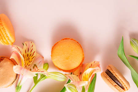 macaroons, beige, peach, French cookies with flowers on a beige light background, sweetsの写真素材