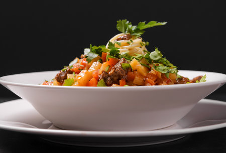 Caucasian Asian cuisine, noodle with pasta, meat, sauce and herbs in a white plate on a dark...