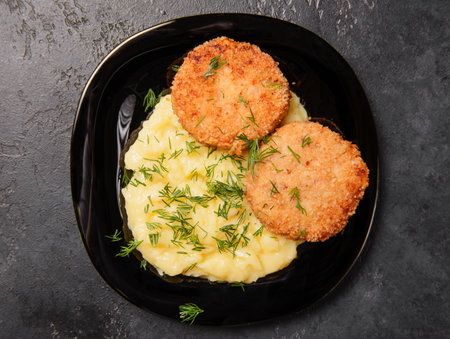 mashed potatoes with chicken cutlets and greens on a dark background top viewの写真素材