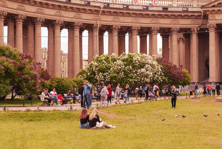 tourist, people, Kazan Cathedral with blooming lilacs in Petersburg, May, 2021