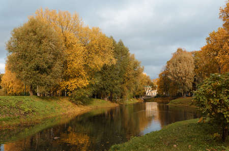 russia, park, St. petersburg, pond among autumn trees with orange foliage on a sunny day,