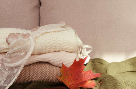 sweaters, a bra, an orange maple leaf on the couch, autumn