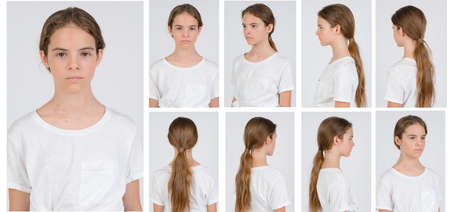 Young girl in white t-shirt model snap all looks close up on white background