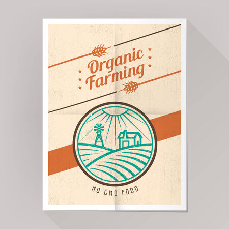 Organic farming no gmo poster vintage style with farm and fields illustration.のイラスト素材