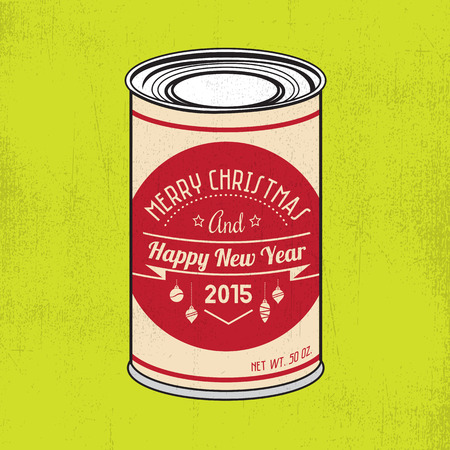 Christmas tin with vintage hipster label with grunge texture and green bright background.のイラスト素材