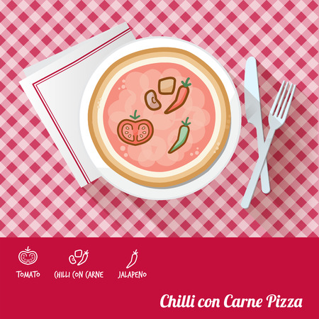 Chilli con carne pizza on a dish with icon ingredients and recipe name at bottomのイラスト素材