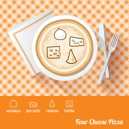 Four cheese pizza on a dish with icon ingredients and recipe name at bottomのイラスト素材