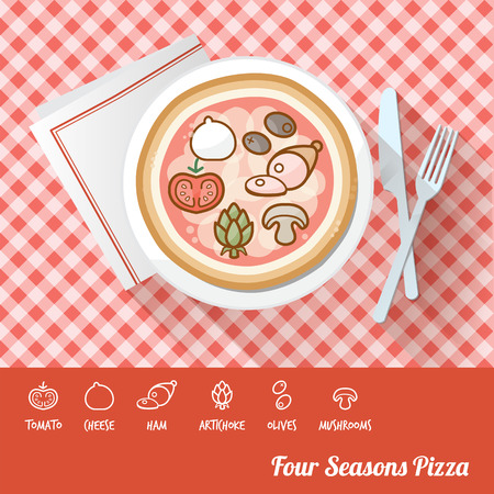 Four seasons pizza on a dish with icon ingredients and recipe name at bottomのイラスト素材