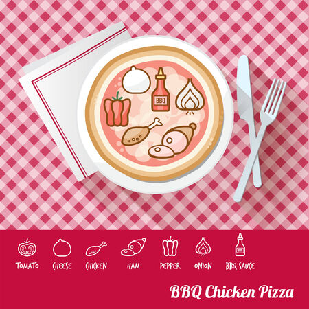BBQ chicken pizza on a dish with icon ingredients and recipe name at bottomのイラスト素材