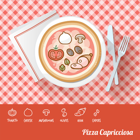 Pizza Capricciosa on a dish with icon ingredients and recipe name at bottomのイラスト素材