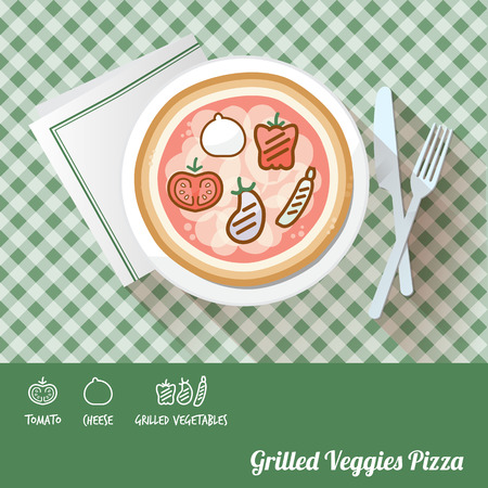 Pizza on a dish with icon ingredients and recipe name at bottomのイラスト素材