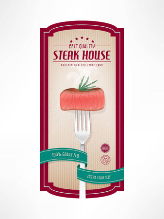 Beef meat vintage label with fork and succulent steakのイラスト素材