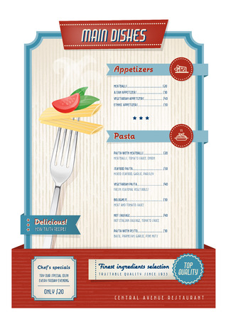 Vintage main course menu with fork and pastaのイラスト素材