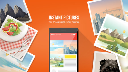 Pictures camera app on smartphone with instant pictures all aroundのイラスト素材