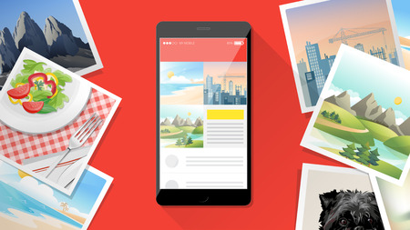 Pictures camera app on smartphone with instant pictures all aroundのイラスト素材