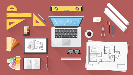 Architect and designer desk with tools, tablet and computerのイラスト素材