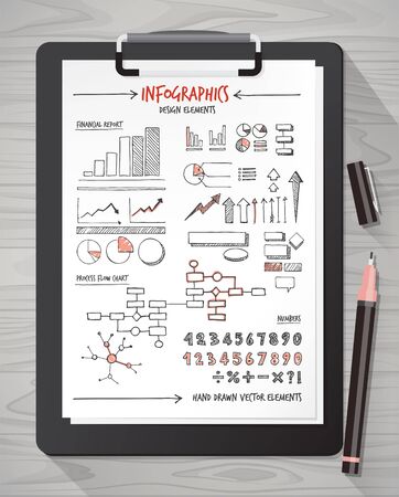 Hand drawn infographics icons and concepts on a sheet with clipboard and penのイラスト素材