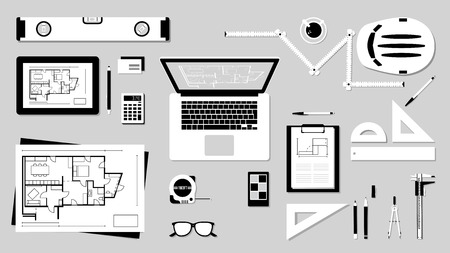 Construction engineer desktop with work tools, tablet and laptopのイラスト素材