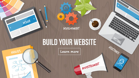 Web developer desk with computer, tablet and mobile, responsive web design and digital marketing conceptのイラスト素材