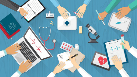 Medical team desktop with doctors and medical equipmentのイラスト素材