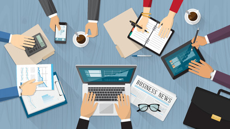 Business people working a on a desk top view with computer, tablet and stationeryのイラスト素材