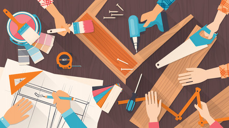 Team of workers using DIY tools and working on a carpentry projectのイラスト素材
