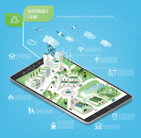 Sustainable city on a digital touch screen tablet with icons set on architecture and environmental careのイラスト素材