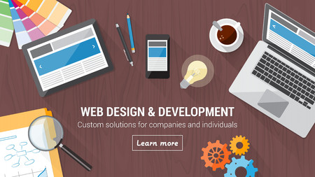 Web developer desk with computer, tablet and mobile, responsive web design and digital marketing conceptのイラスト素材