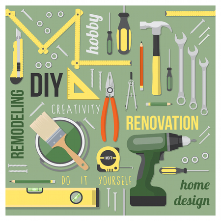 DIY and home renovation tools set with words and concepts in a square frame on green backgroundのイラスト素材