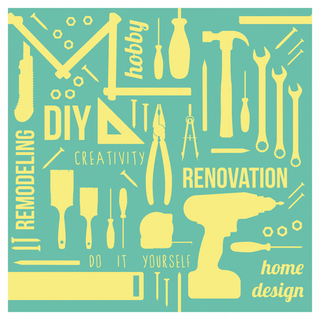 DIY and home renovation tools silhouettes with words and concepts in a square frameのイラスト素材