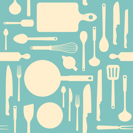 Vintage kitchen and cooking tools seamless pattern with kitchenware equipment on light blue backgroundのイラスト素材