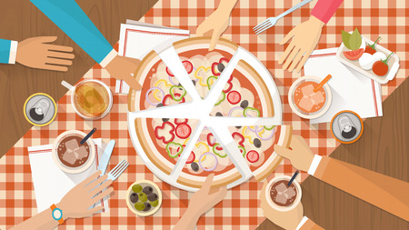People having dinner together and sharing a huge pizza with drinks, hands top viewのイラスト素材