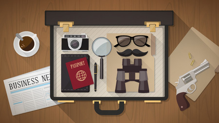 Detective vintage briefcase with camera, magnifier, sunglasses, passport, moustaches, revolver and newspaper on a desktop, top viewのイラスト素材