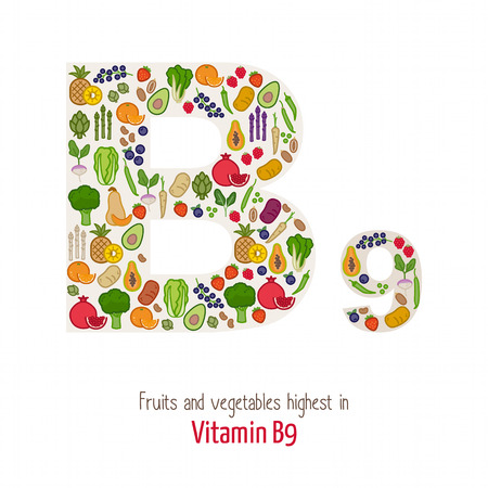 Fruits and vegetables highest in vitamin B9 composing B9 letter shape, nutrition and healthy eating conceptのイラスト素材