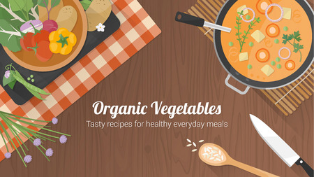Vegetarian healthy recipes banner with vegetables on a bowl, a pan with soup and kitchenware on a wooden surfaceのイラスト素材
