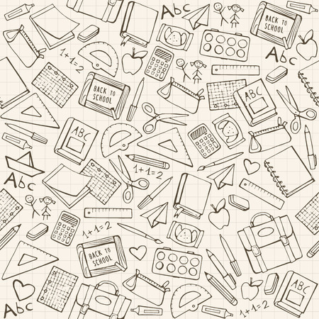 Back to school seamless pattern with hand drawn school supplies, books and stationeryのイラスト素材