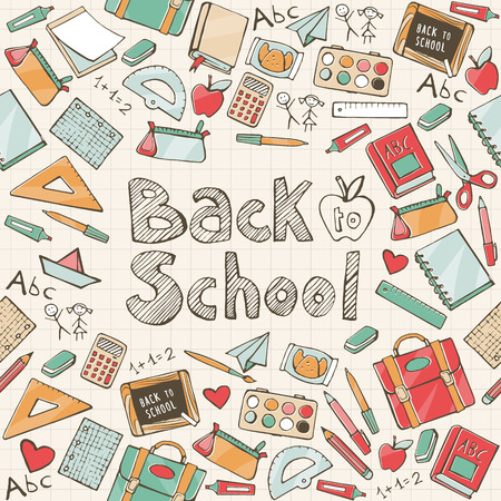 Back to school seamless pattern with school supplies and hand written textのイラスト素材