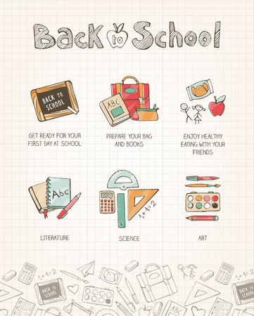 Back to school vector illustration on notebook paper, hand drawn shool supplies, books, stationeryのイラスト素材