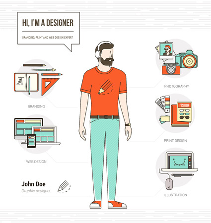 Professional graphic designer, photographer and illustrator infographic skills resume with tools and iconsのイラスト素材